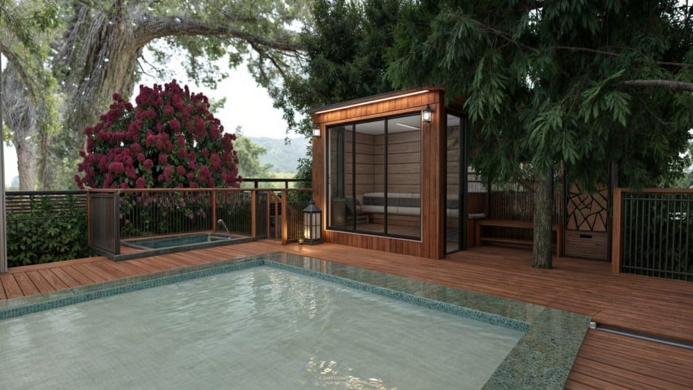 render de piscina moderna con madera, planner 5d