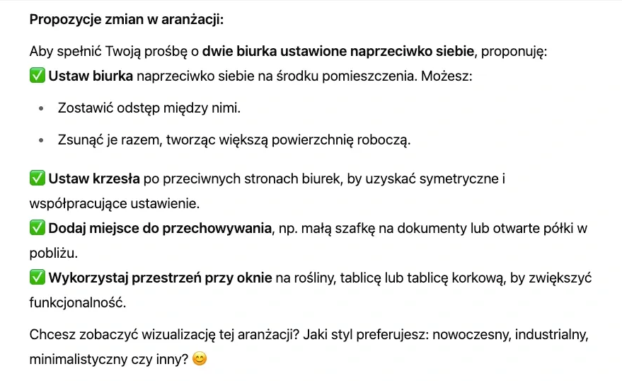 Zrzut ekranu z propozycjami układu dwóch biurek naprzeciwko siebie – ChatGPT generuje sugestie aranżacji wnętrza z użyciem AI design, uwzględniając ergonomię i funkcjonalność.