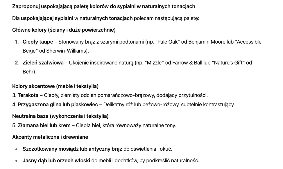 Paleta kolorów do sypialni w naturalnych tonacjach stworzona przez ChatGPT – AI design proponuje barwy jak taupe, szałwia, terakota i piaskowiec dla przytulnego wnętrza.