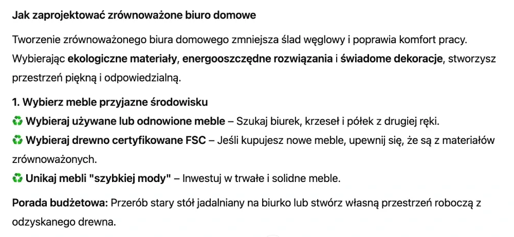 Zrównoważone biuro domowe według ChatGPT – AI design sugeruje ekologiczne materiały, używane meble i praktyczne rozwiązania do stworzenia odpowiedzialnej przestrzeni roboczej.