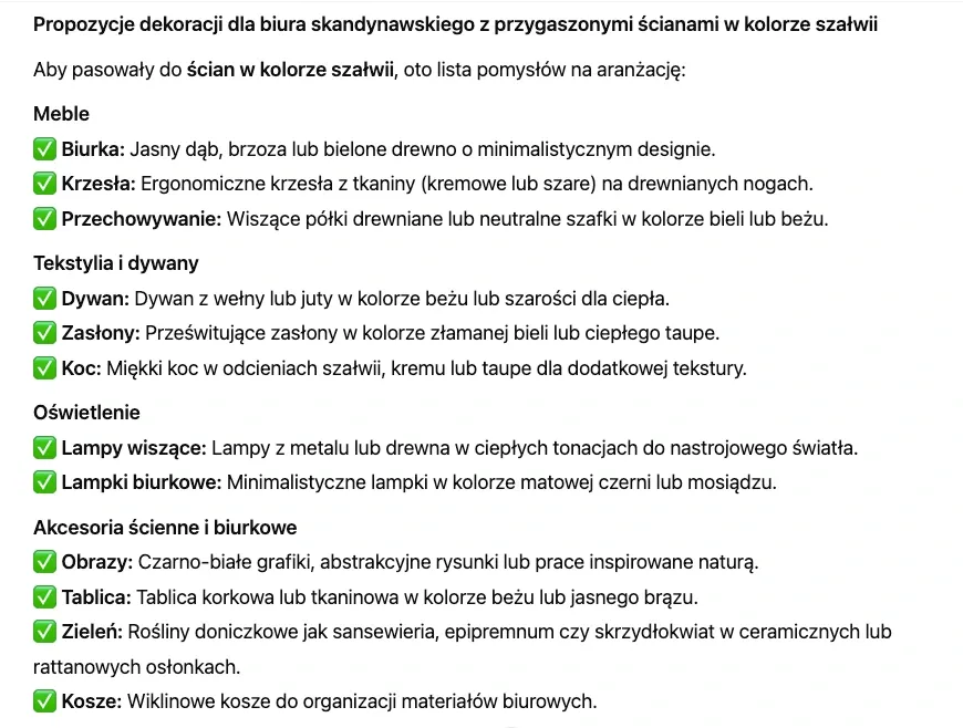 ChatGPT prompt z pomysłami na dekoracje do biura skandynawskiego ze ścianami w kolorze szałwii – AI design przedstawia wybór mebli, oświetlenia i dodatków w stylu minimalistycznym.