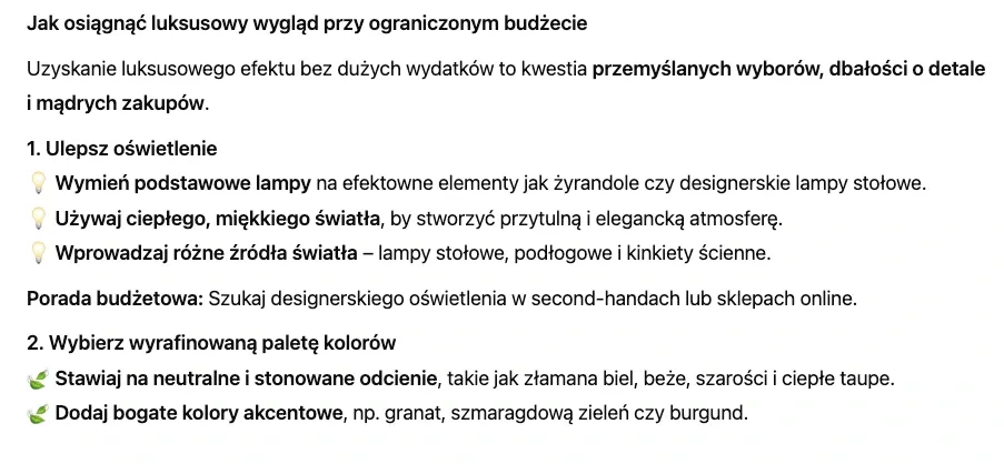 ChatGPT prompt z poradami, jak osiągnąć luksusowy wygląd wnętrza przy ograniczonym budżecie – AI design rekomenduje przemyślane oświetlenie i wyrafinowaną paletę kolorów.