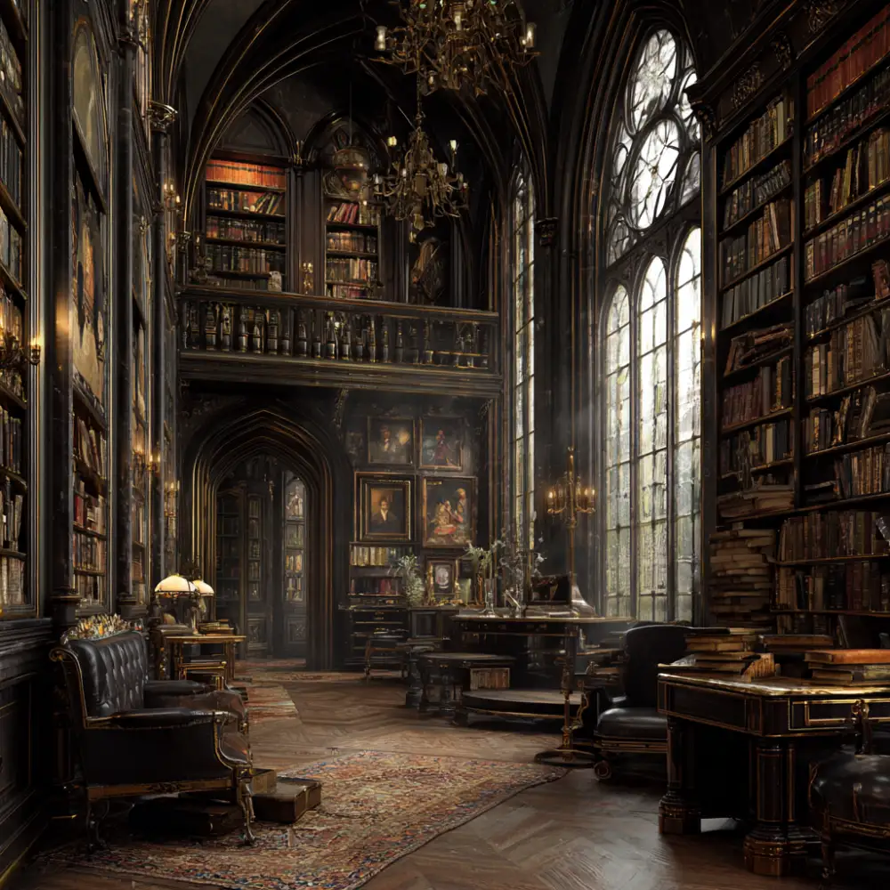 Bild einer alten Bibliothek mit Wänden voller Bücher, massiven Fenstern und Lederstühlen