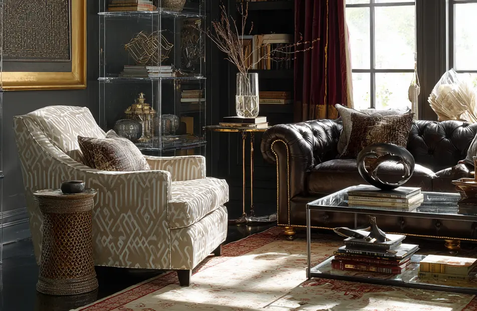 living room with dark furniture and walls