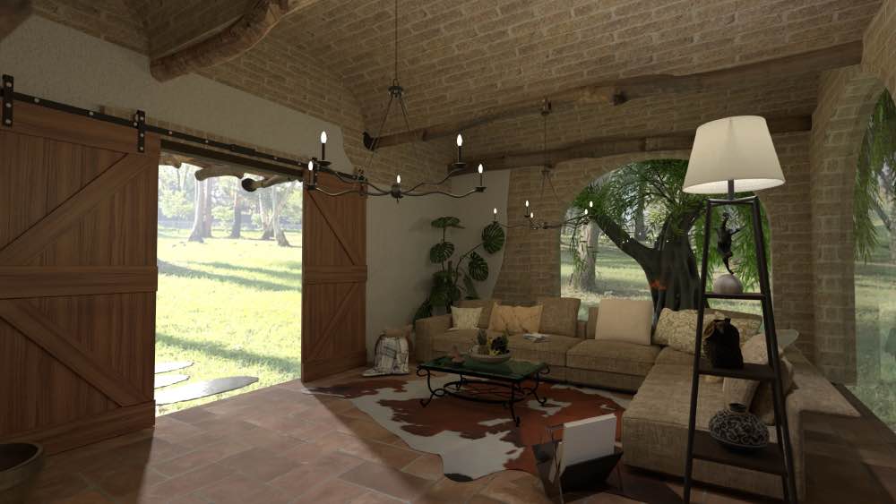 diseño de interior rústico, render 3d. diseño inclusivo con IA