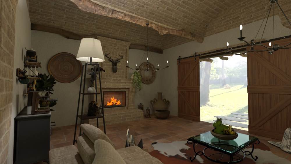 diseño de interior rústico, render 3d. diseño inclusivo con IA