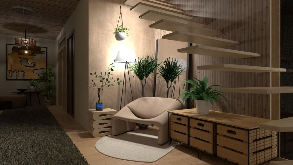 sala no estilo japandi: projeto criado no Planner 5D.