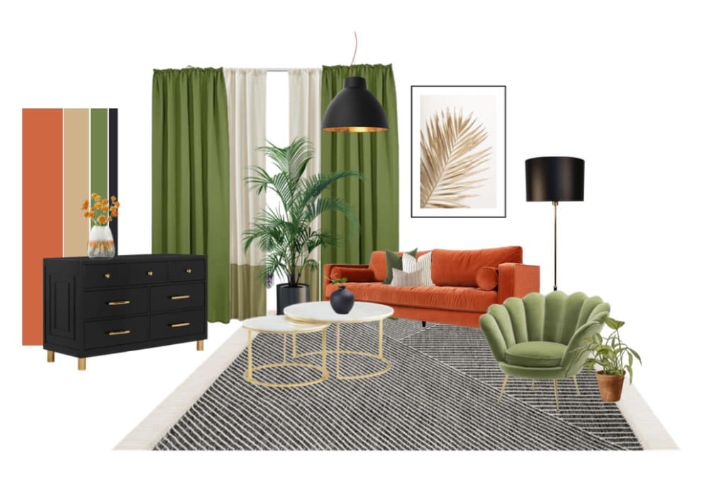 moodboard de diseño de interiores, planner 5d, muebles naranjas y verdes