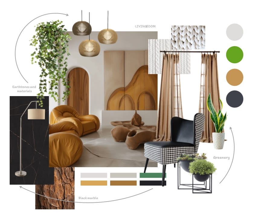 moodboard de decoración, muebles, diseño de interiores
