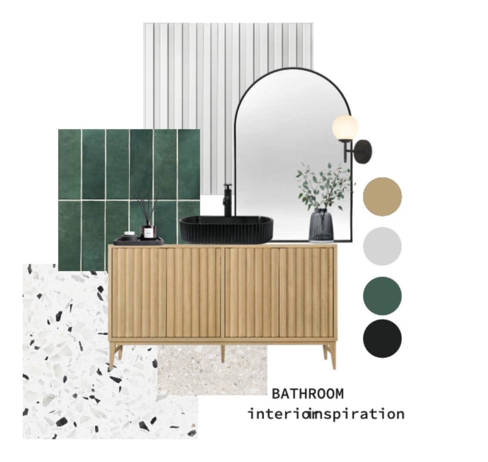moodboard de diseño de interiores para baño minimalista