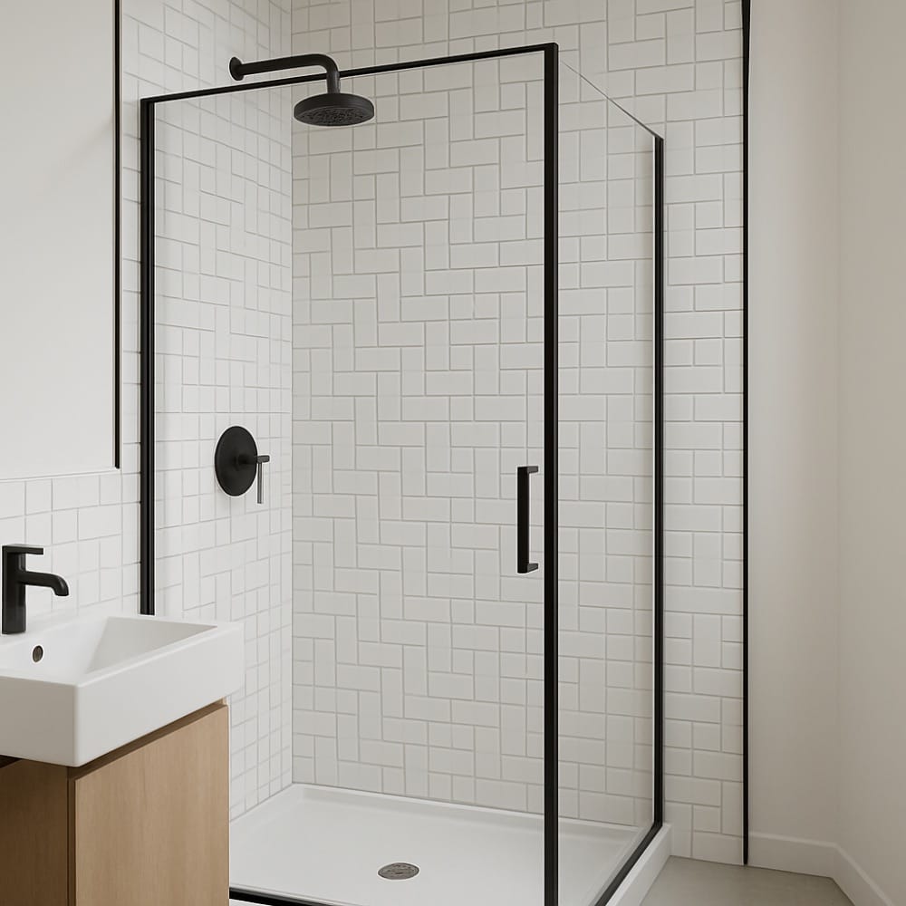 minimalistische Badezimmerecke mit einer Duschkabine und weißen, geflochtenen Metrofliesen