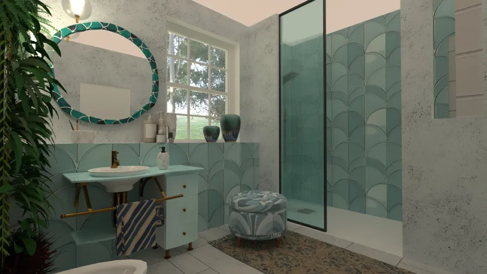 bathroom designed in planner 5d with seafoam tiles