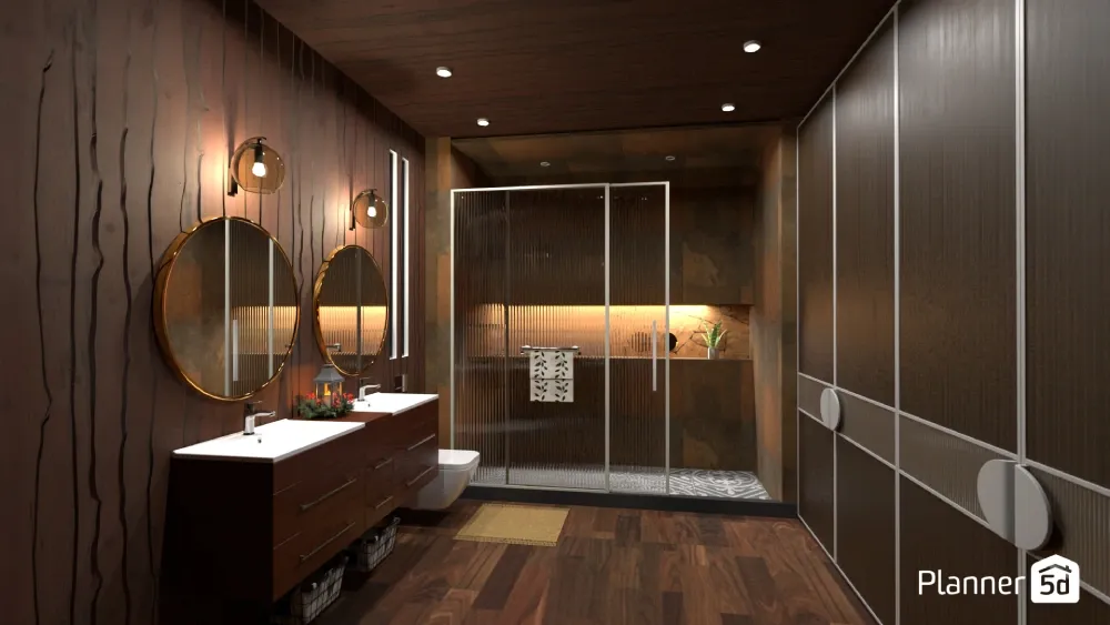bathroom in dark brown with gold accents