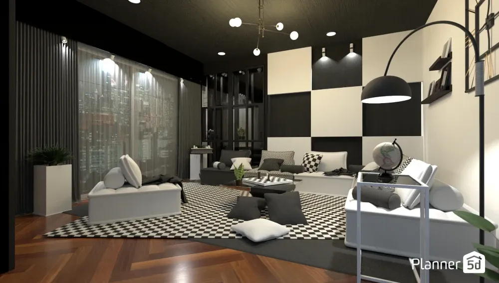 living room decor with black and white chess pattern