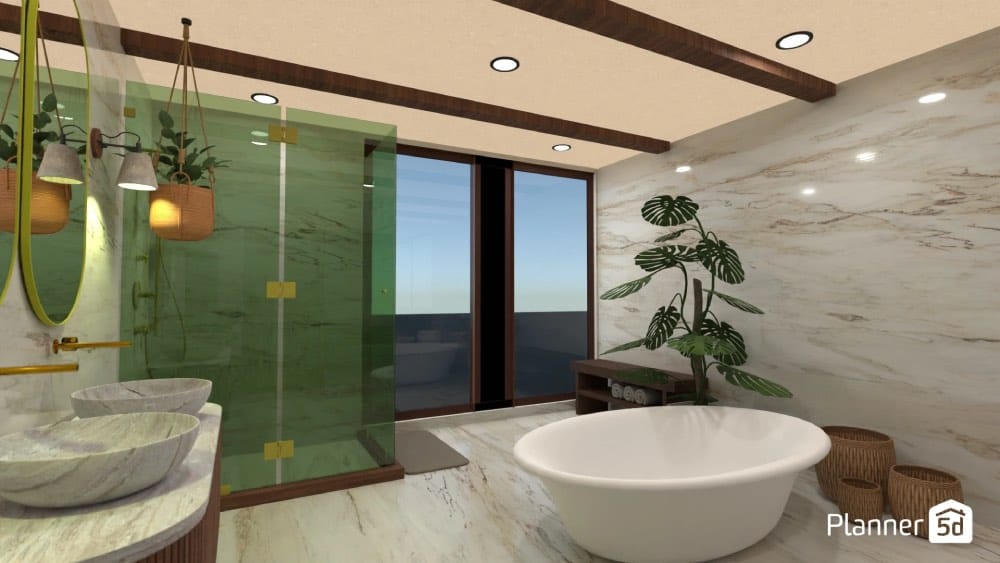 render cuarto de baño moderno en casa en la playa