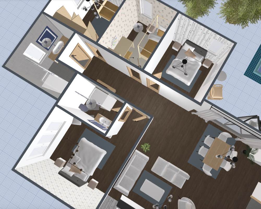 plano de casa moderna en la playa con piscina