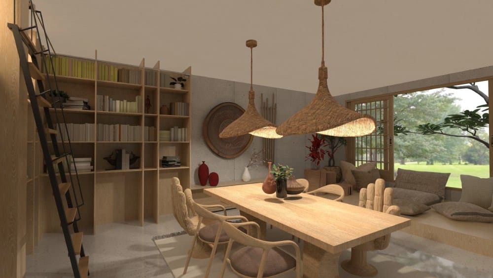 comedor moderno de madera, casa en la playa, render planner 5d