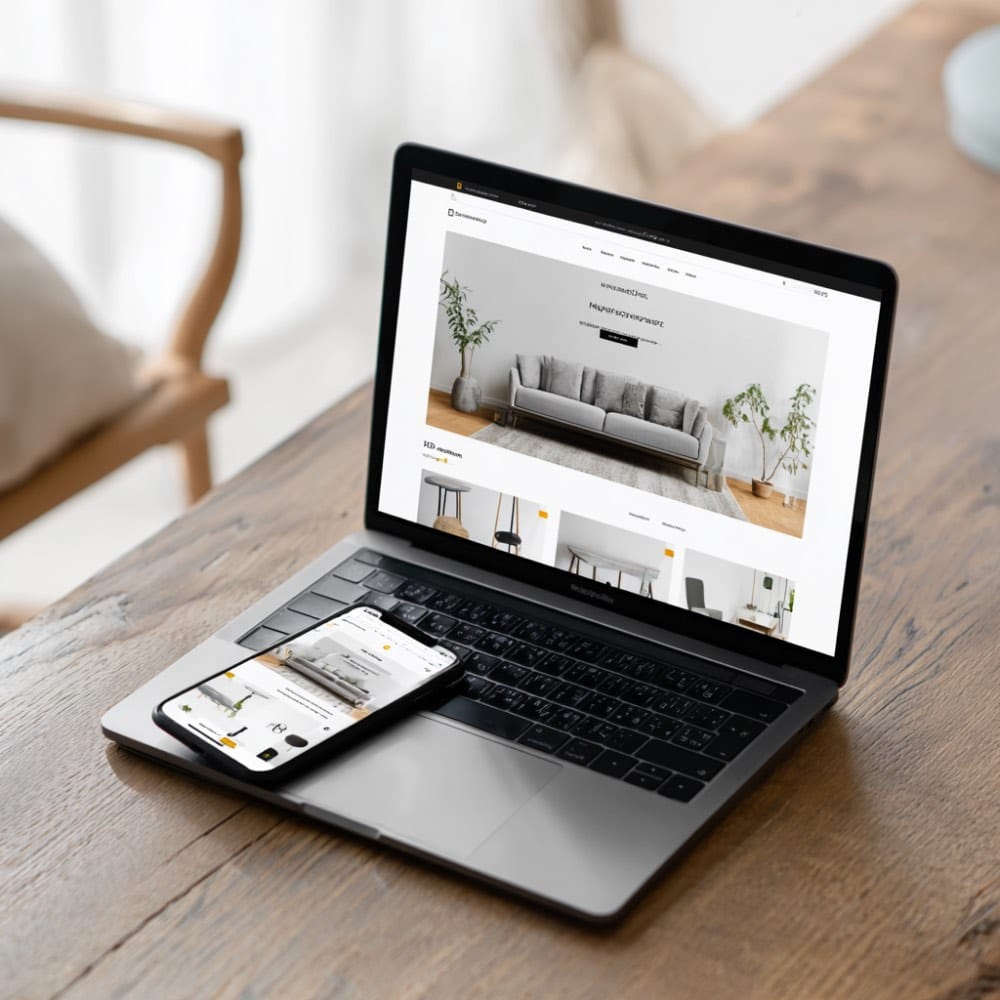 Un visuel montrant un ordinateur portable ouvert sur un site de commerce électronique de meubles, avec un smartphone