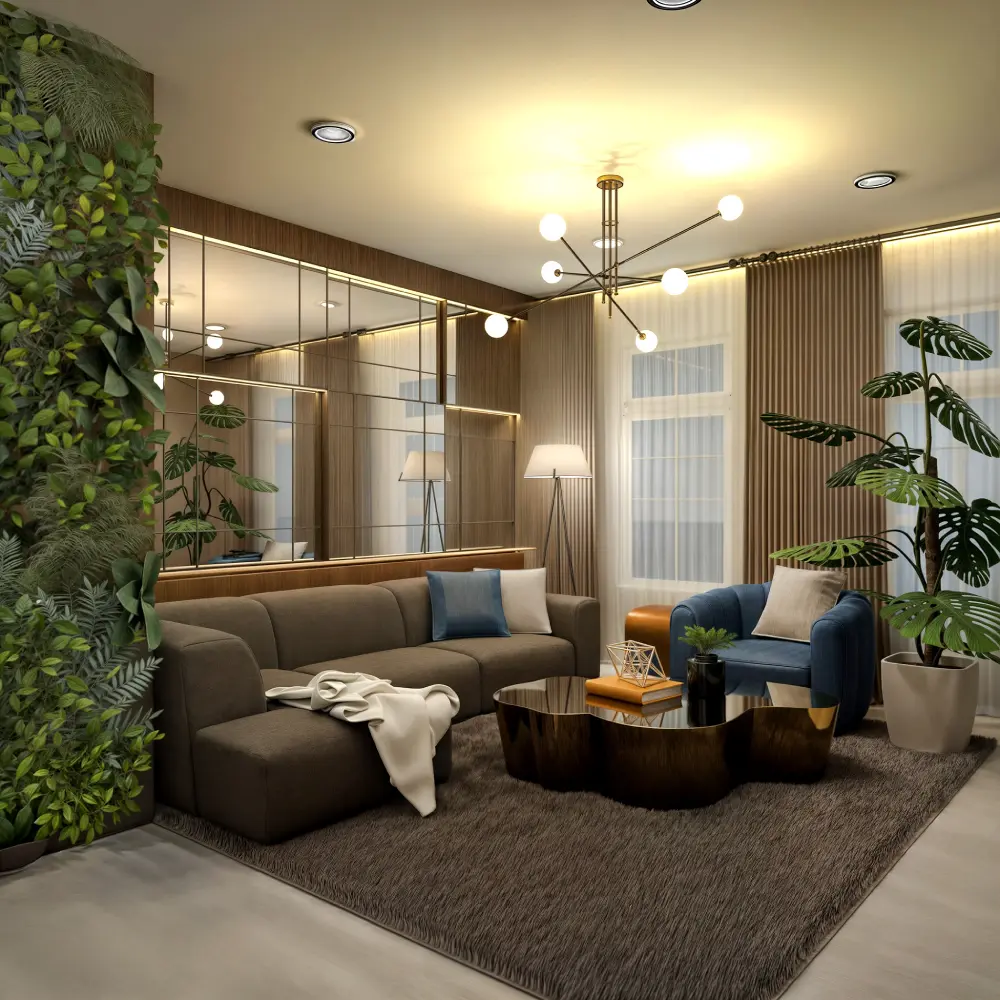 living room with living wall, L-shaped couch in brown