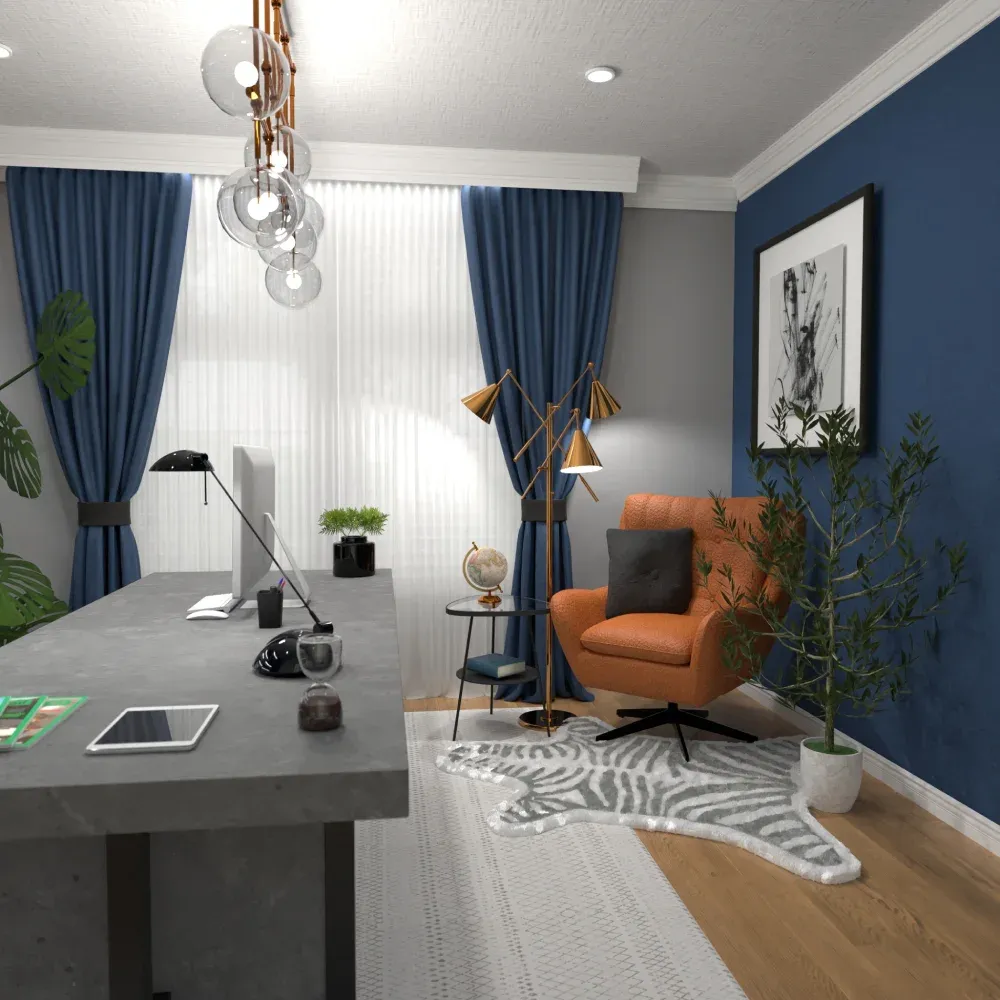 modern office with dark blue accent wall and orange accent chair