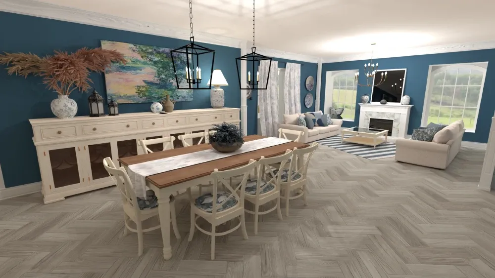 Hamptons style living and dining room with blue walls and white decor