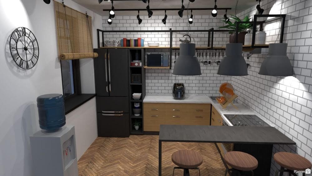 Interior design in stile industriale, render cuccina planneer 5d