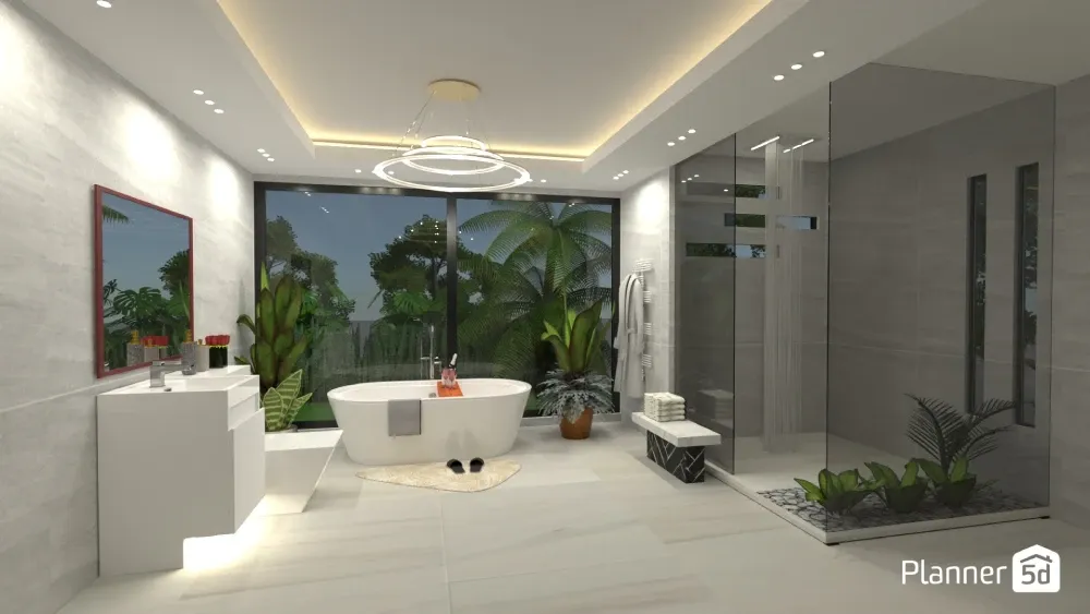 large ensite bathroom with large window