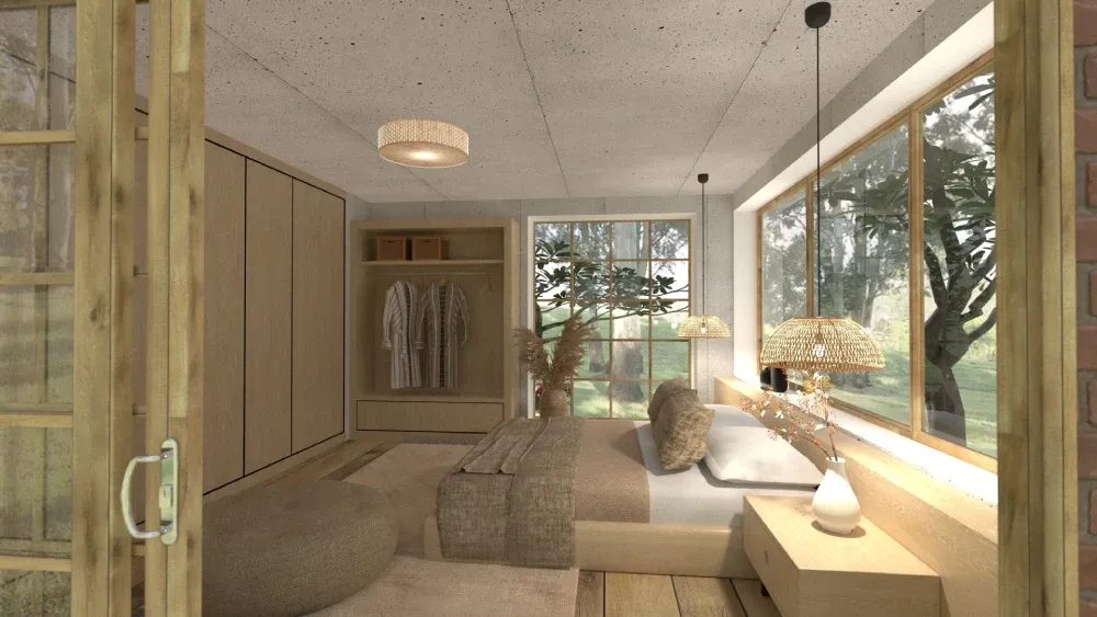 Japandi style bedroom with large open windows and built-in closets