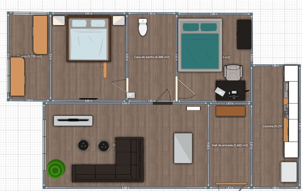 planta de apartamento de 2 quartos