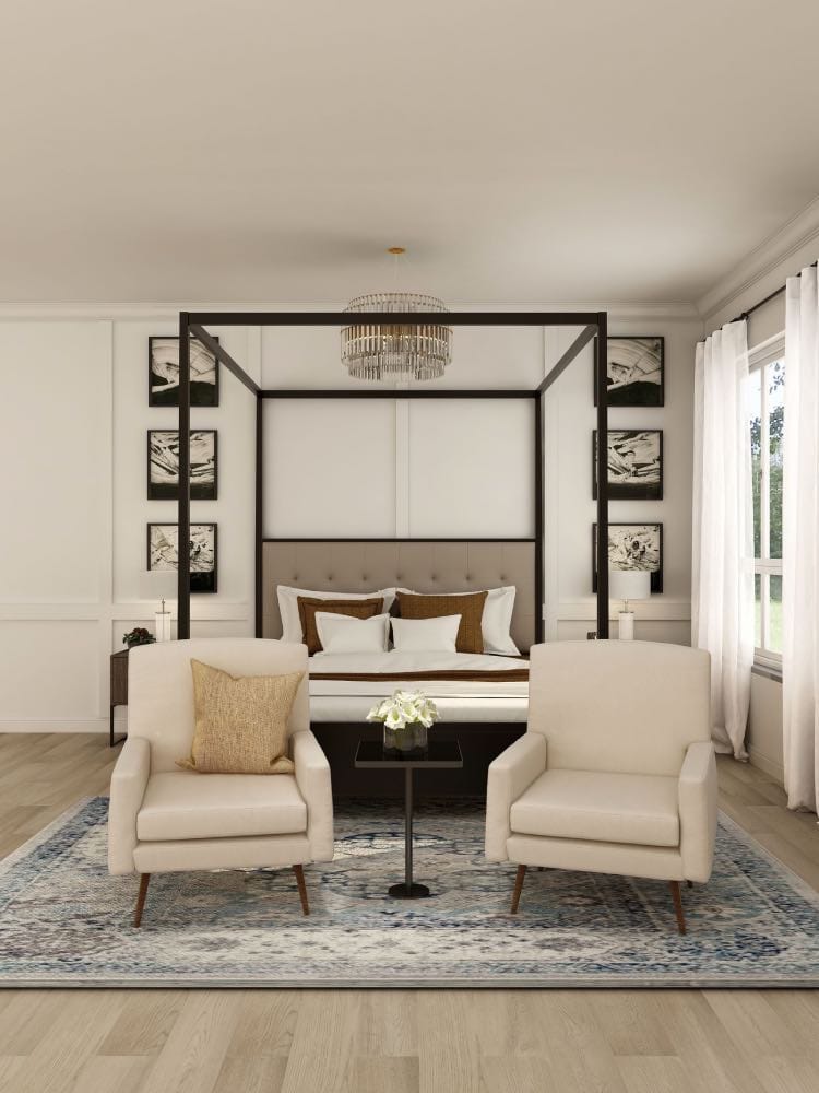 quarto decorado com roupa de cama, almofada, tapete e outros têxteis