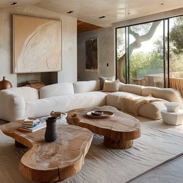 sala de estar minimalista com peças em madeira bruta