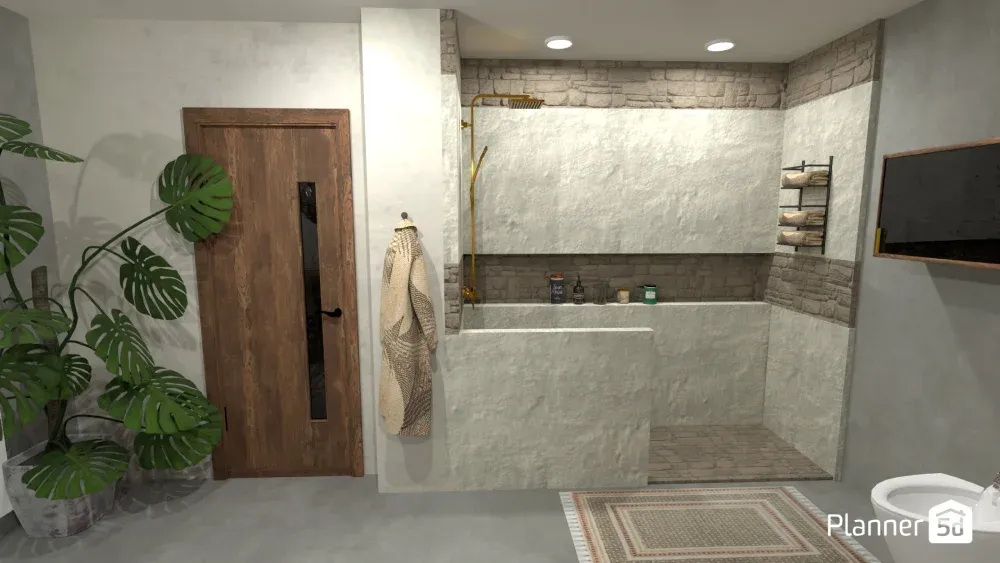 Bathroom desig with stone and rock walk-in shower
