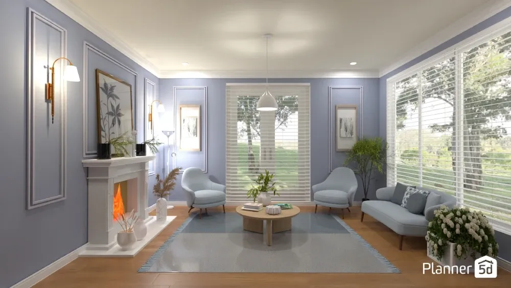 airy living room with blue walls and large windows