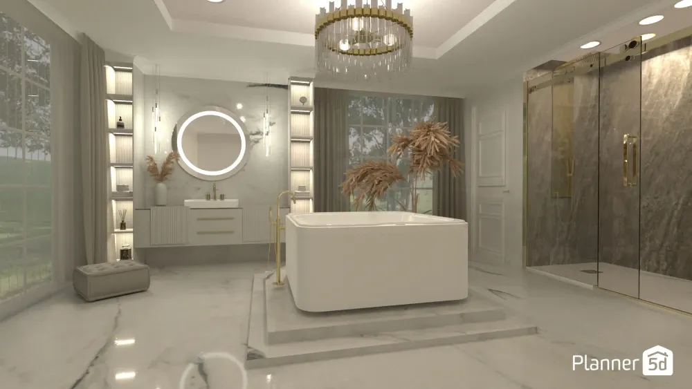 large opulent bathroom with white and gold decor