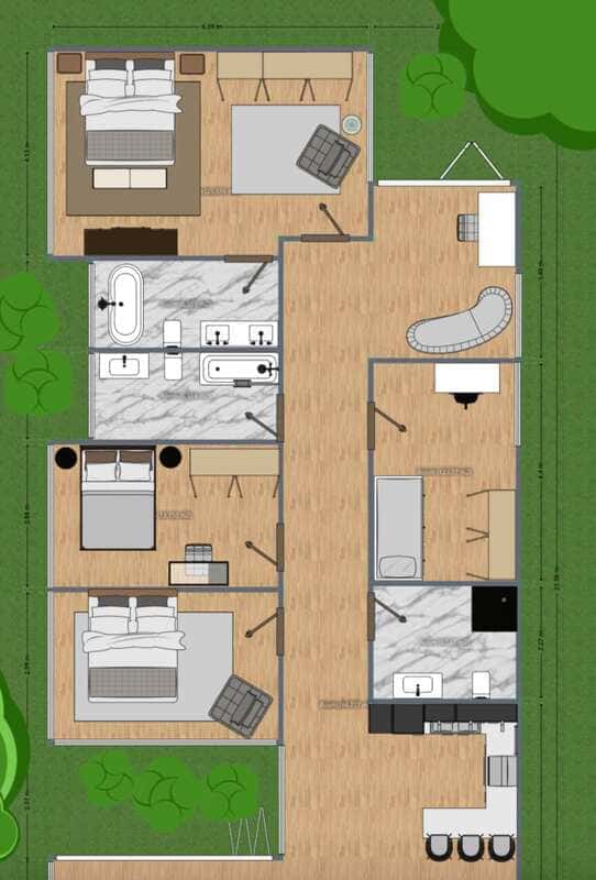 Render de apartamento com 3 quartos com cama de casal e cozinha de conceito aberto