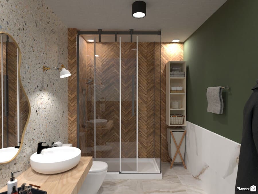 Banheiro colorido em tons terrosos e naturais