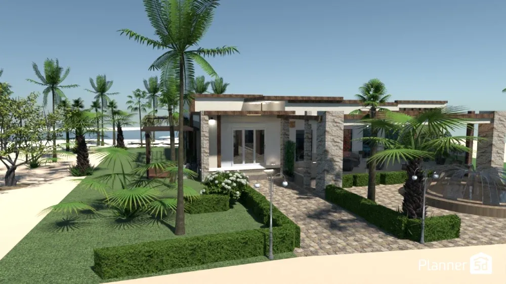 one story beach house surrounded by palm trees