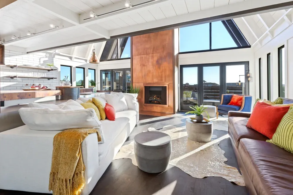 Modern Beach House with Custom Copper Fireplace Living Room.