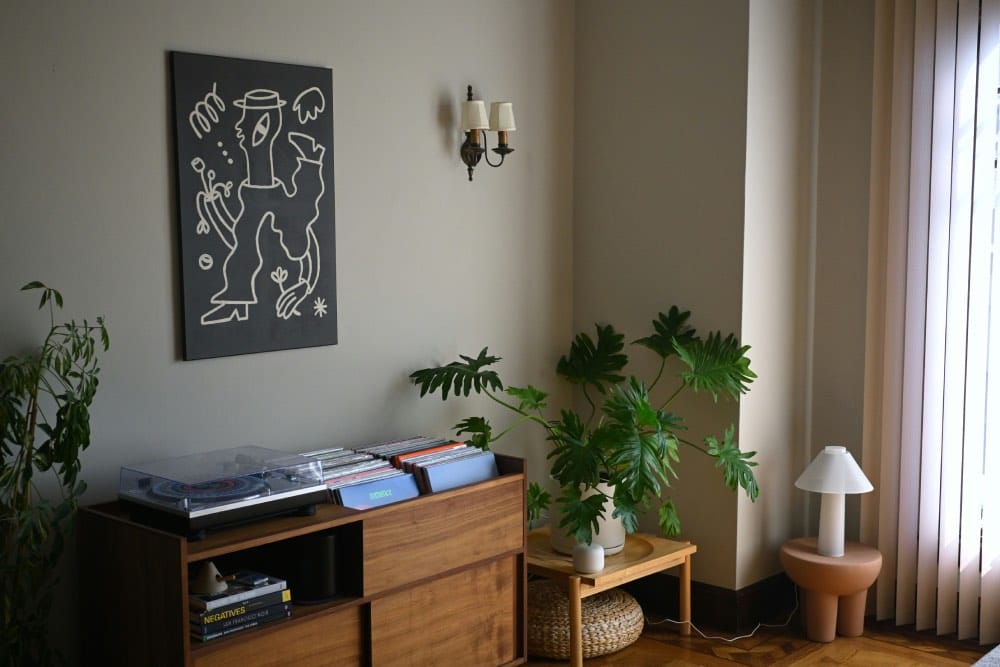decoración de monoambientes, apartamento con plantas y cortinas blancas