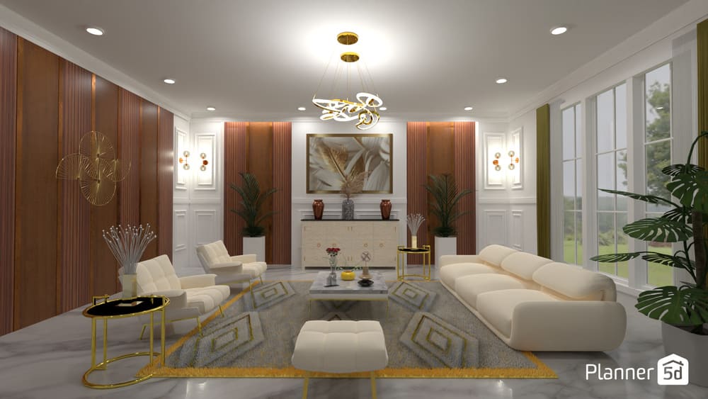 sala de estar com decoração clássica em branco e dourado