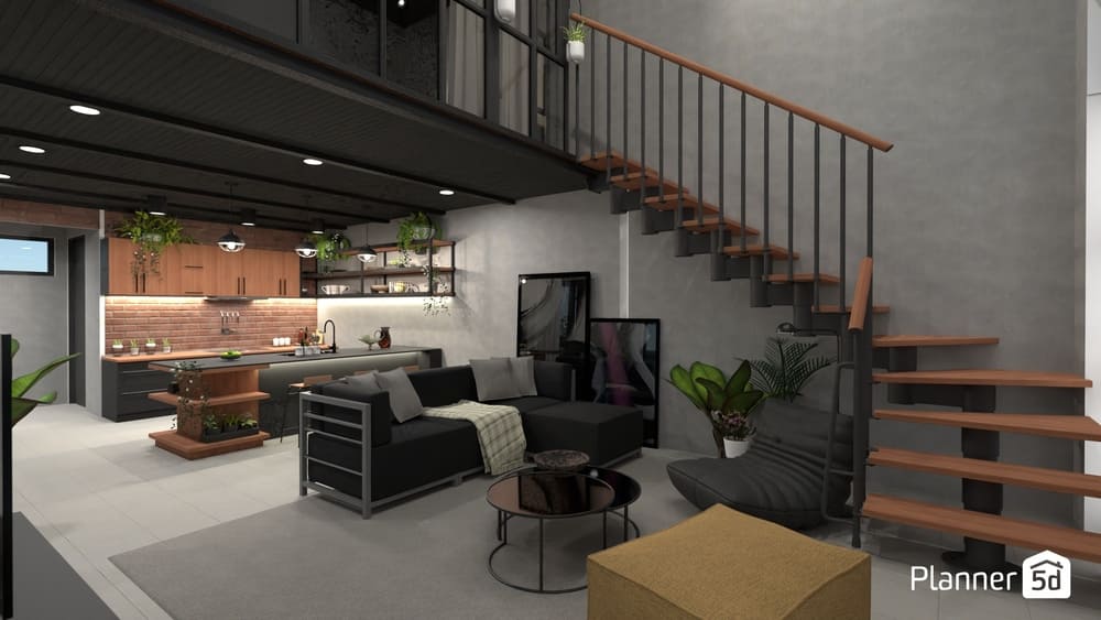 loft com decoração industrial e paleta de cores moderna