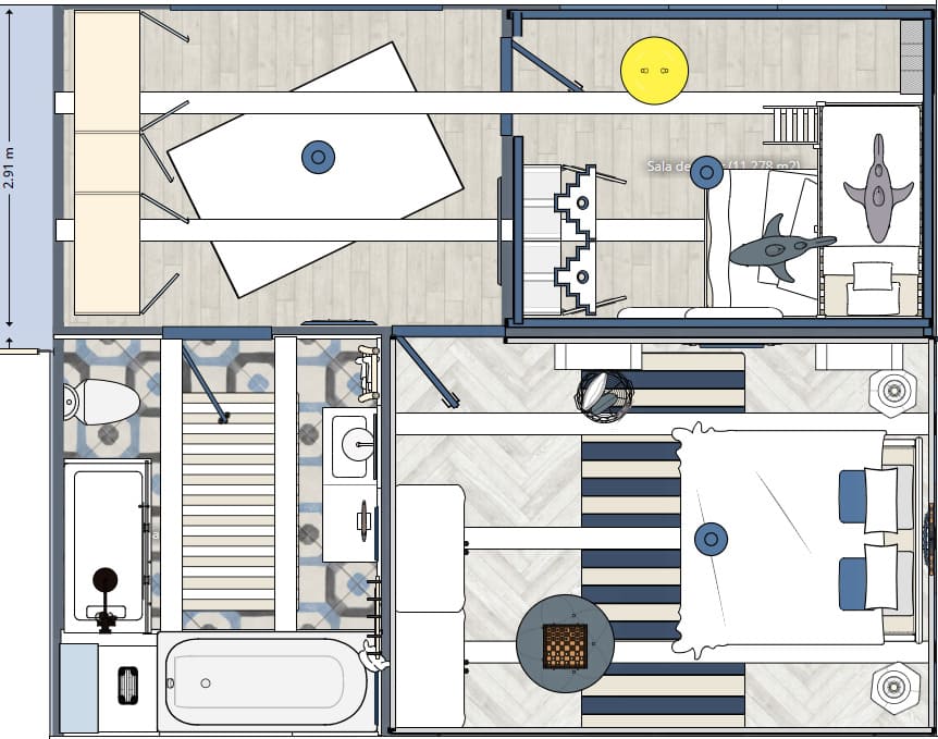 Planta baixa de casas com 2 quartos e 1 suíte
