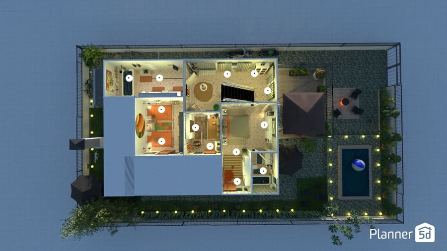 Casa de dois andares com dois quartos e piscina