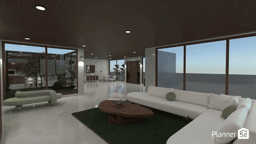 projeto de sala de estar com sofá de canto e espaços integrados