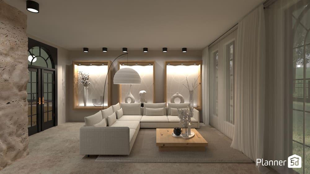 sala de estar ampla com sofá de canto bege