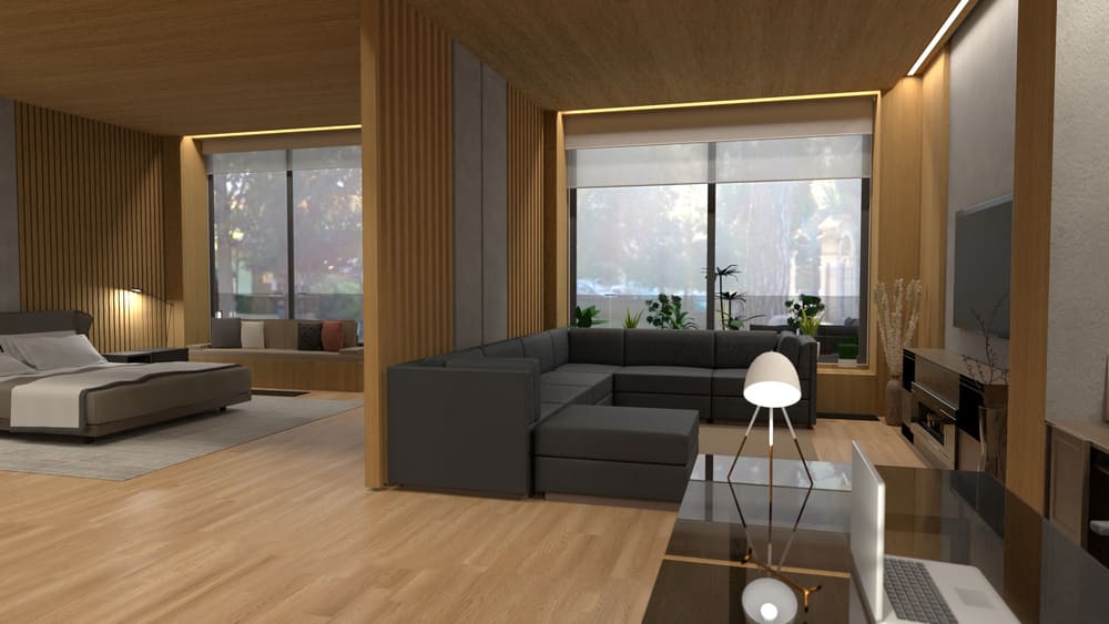 loft com sala de estar com sofá de canto