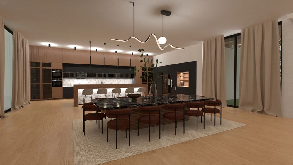 planta baixa 3D de cozinha integrada