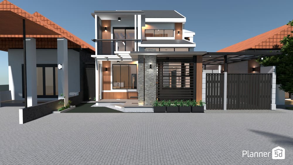 render 3D de fachada de casa com portão preto