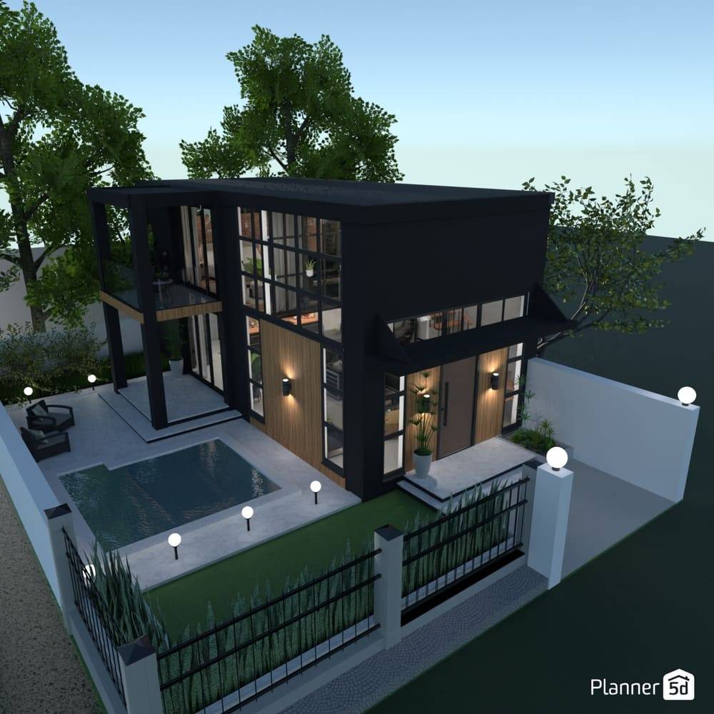 fachada de casa 3D com portão preto