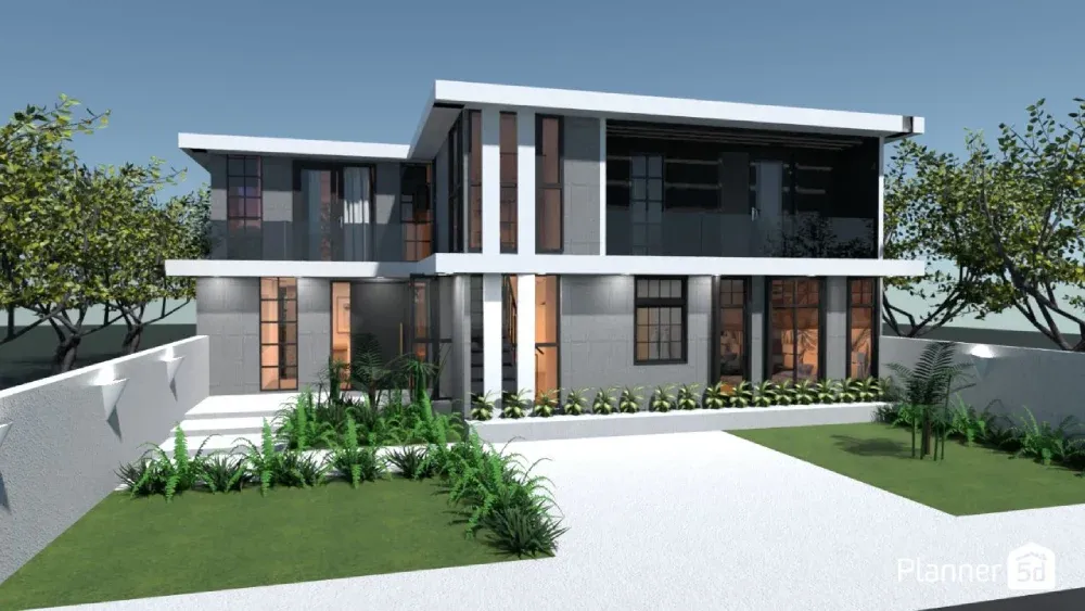 Modern two-story house with large windows, 3D plan, facade